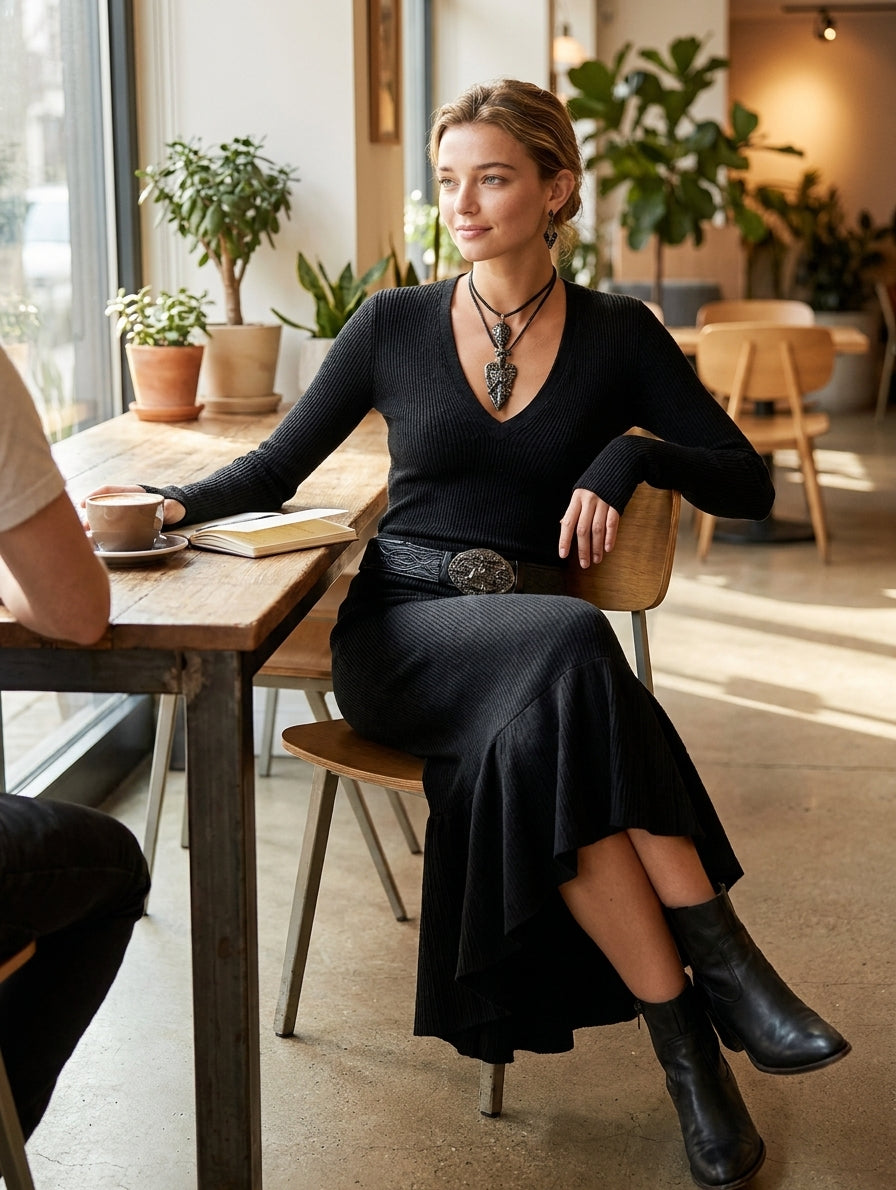 Black ribbed knit V-neck long sleeve sweater maxi dress with flounce hem - view 2