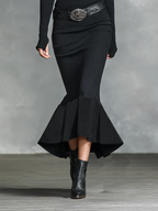 Black ribbed knit V-neck long sleeve sweater maxi dress with flounce hem - view 5