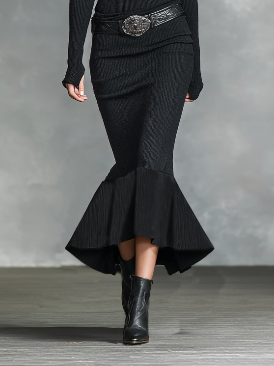 Black ribbed knit V-neck long sleeve sweater maxi dress with flounce hem - view 5