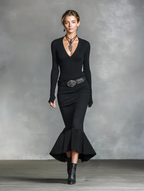 Black ribbed knit V-neck long sleeve sweater maxi dress with flounce hem - view 6