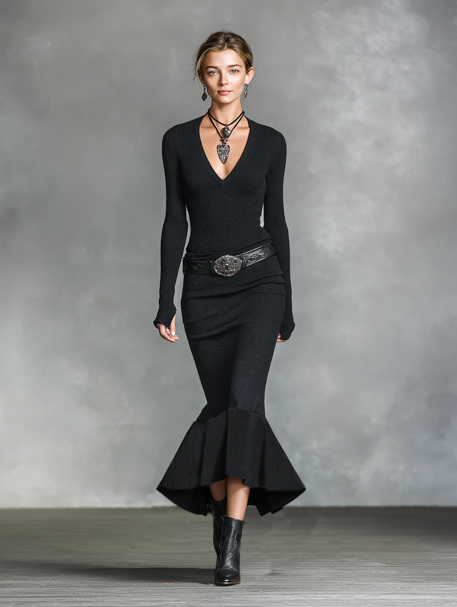 Black ribbed knit V-neck long sleeve sweater maxi dress with flounce hem - view 6