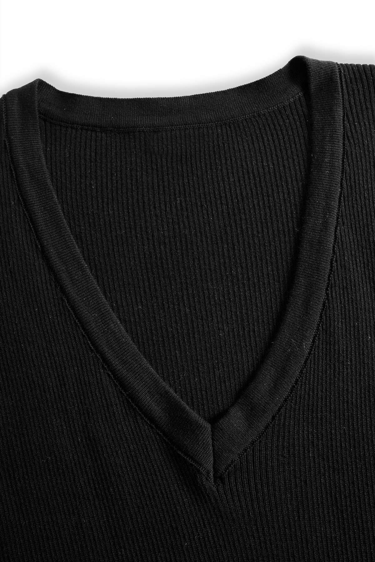 Black ribbed knit V-neck long sleeve sweater maxi dress with flounce hem - view 8