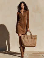 Zip front long sleeve dress in faux suede with collar and stitched panels - view 4