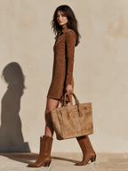 Zip front long sleeve dress in faux suede with collar and stitched panels - view 6