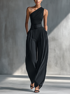 Black womens pants set with ruched one-shoulder top and wide legs