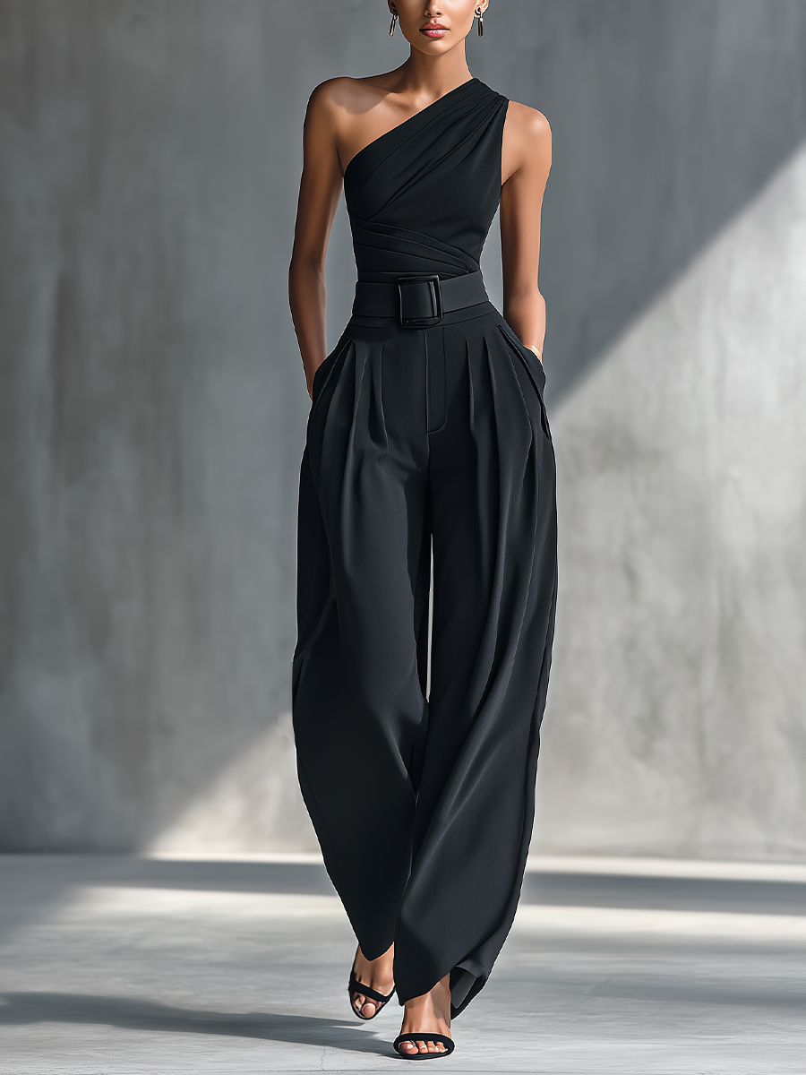 Black womens pants set with ruched one-shoulder top and wide legs
