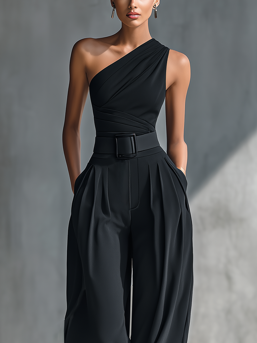 Black womens pants set with ruched one-shoulder top and wide legs - view 3