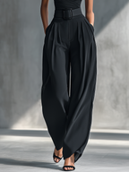 Black womens pants set with ruched one-shoulder top and wide legs - view 4