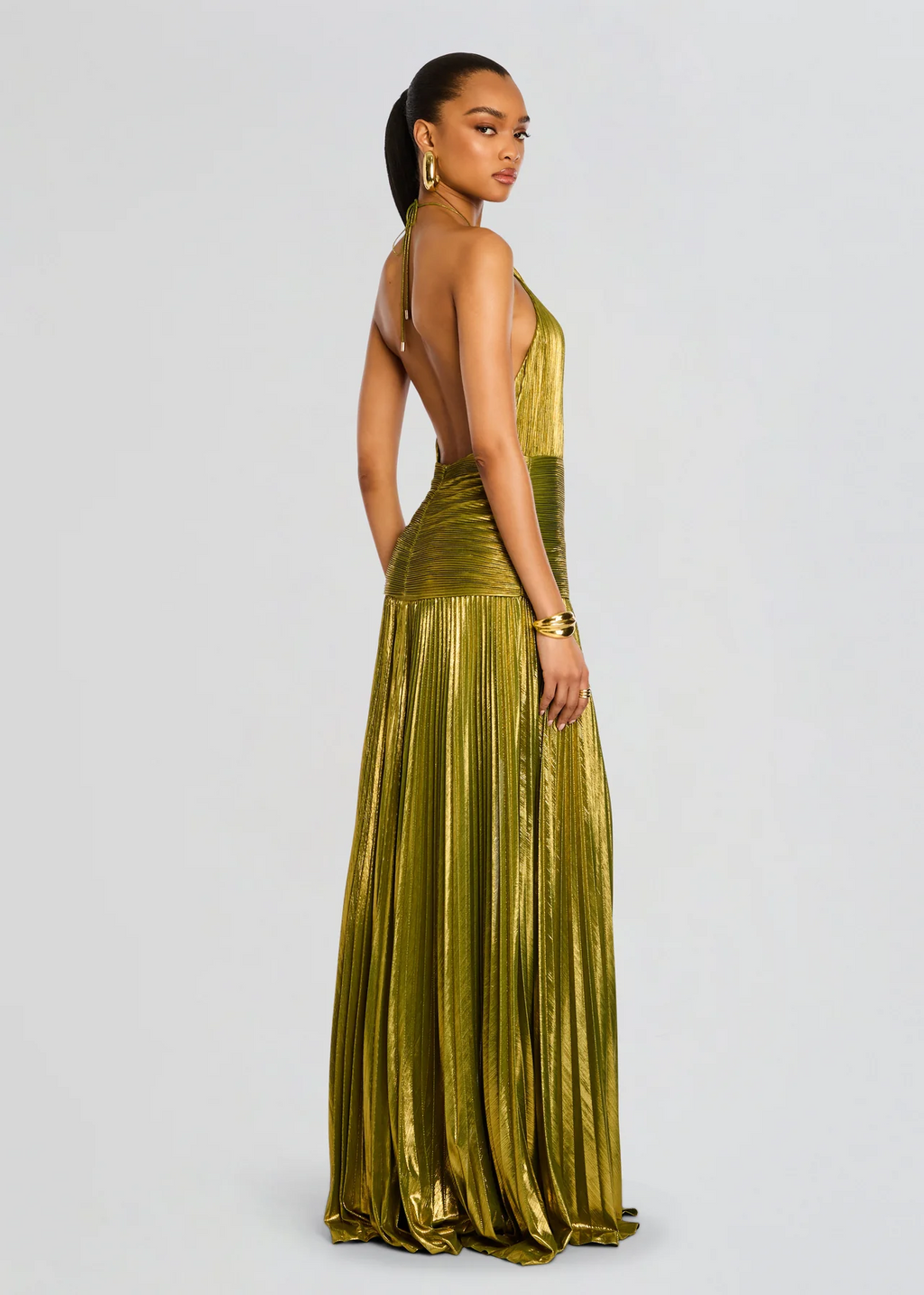 Olive metallic pleated halter maxi gala dress with open back and thigh slit - view 3