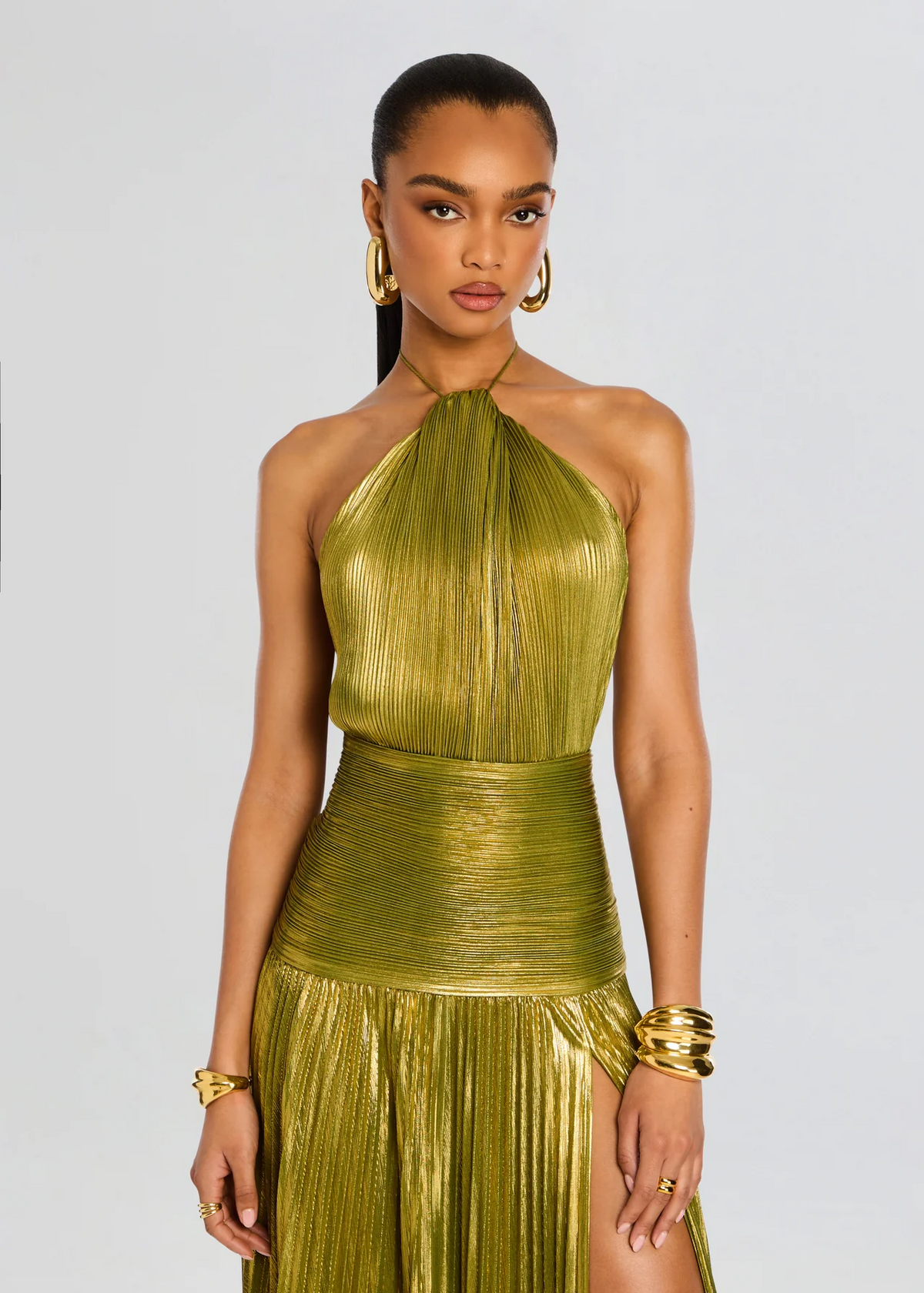 Olive metallic pleated halter maxi gala dress with open back and thigh slit - view 4