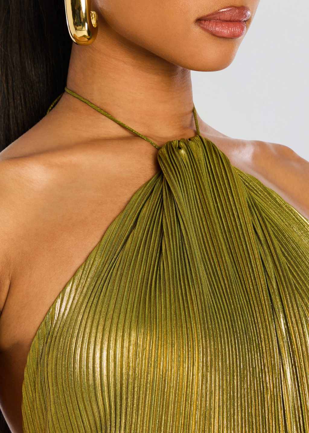 Olive metallic pleated halter maxi gala dress with open back and thigh slit - view 5