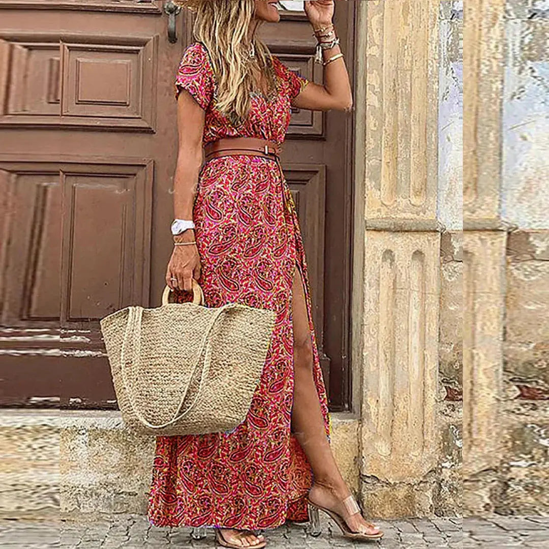 Lyra™ | Women's Boho Maxi Dress with Matching Belt – Gathered Waist Flowy Airy Summer Dress oaklynwear