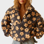 Oversized floral sherpa half zip pullover with stand collar and kangaroo pocket