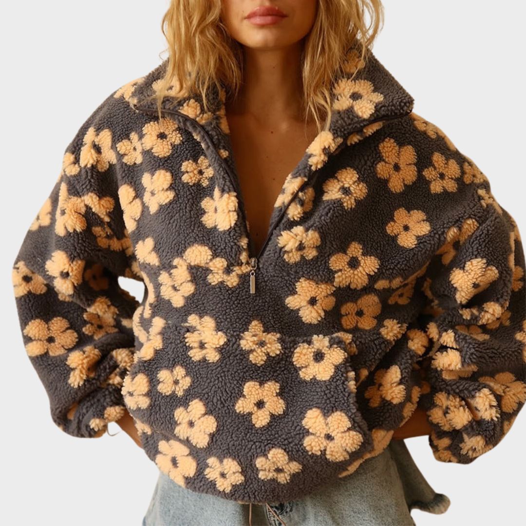 Oversized floral sherpa half zip pullover with stand collar and kangaroo pocket