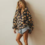 Oversized floral sherpa half zip pullover with stand collar and kangaroo pocket - view 4