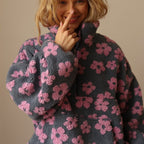 Oversized floral sherpa half zip pullover with stand collar and kangaroo pocket - view 6