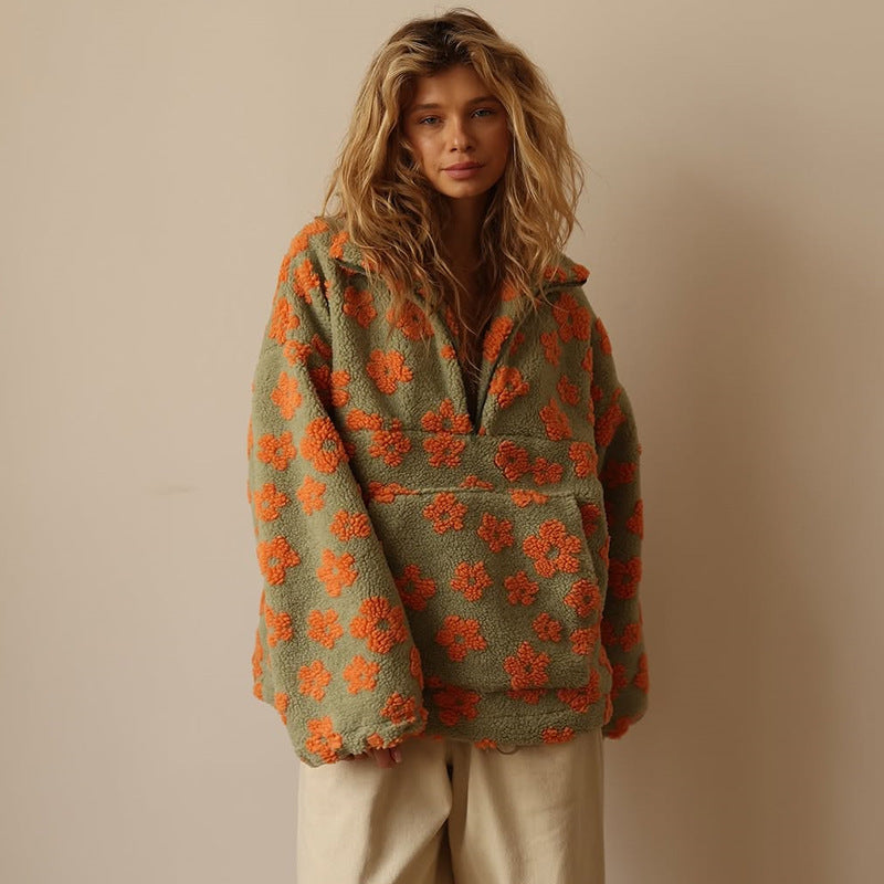 Oversized floral sherpa half zip pullover with stand collar and kangaroo pocket - view 7