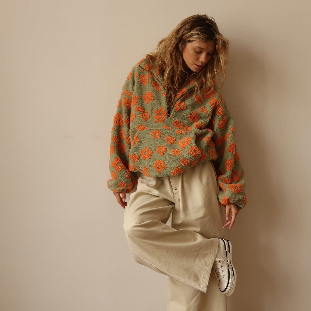 Oversized floral sherpa half zip pullover with stand collar and kangaroo pocket - view 8