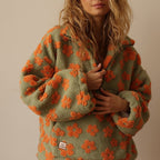 Oversized floral sherpa half zip pullover with stand collar and kangaroo pocket - view 9