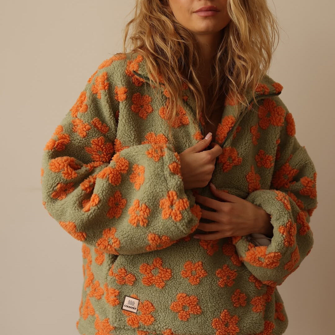 Oversized floral sherpa half zip pullover with stand collar and kangaroo pocket - view 9