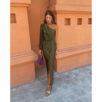 Romy one-shoulder satin maxi dress with split long sleeve and twist-knot waist