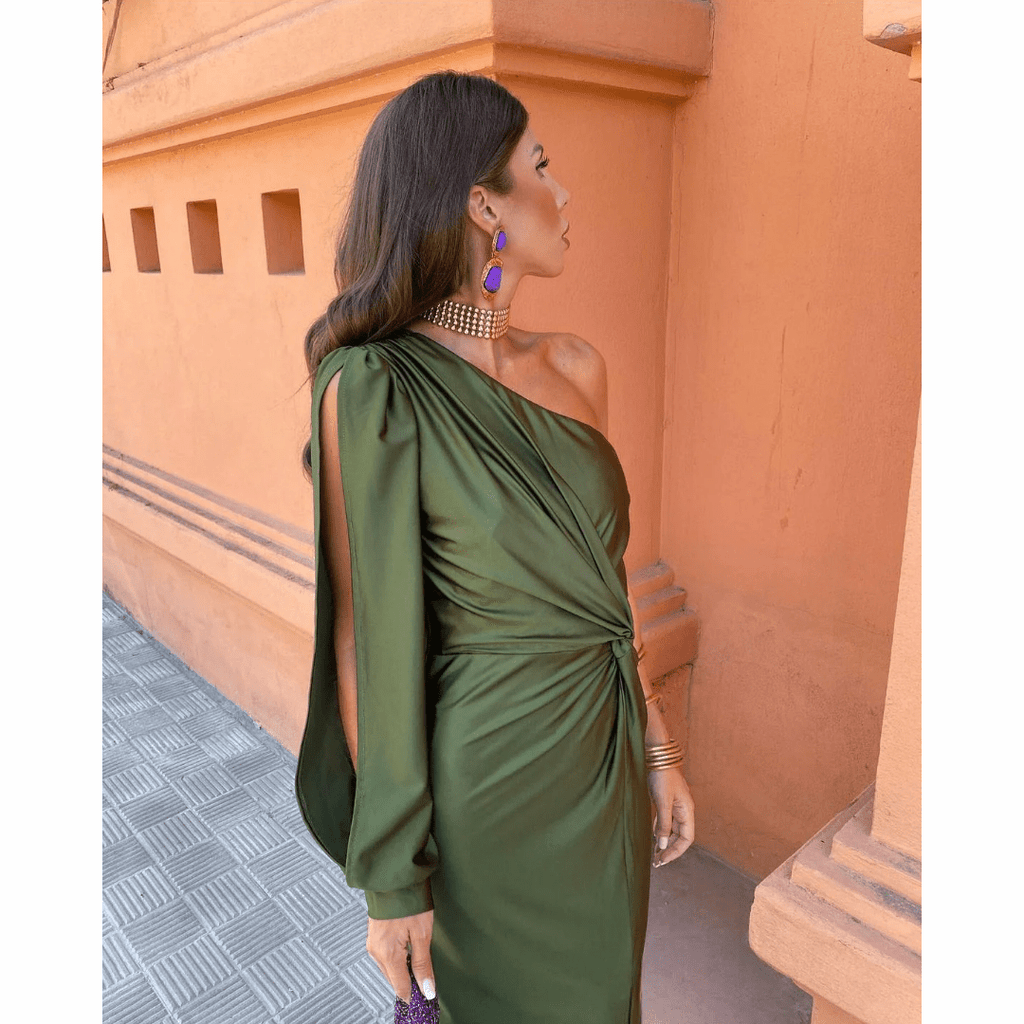 Romy one-shoulder satin maxi dress with split long sleeve and twist-knot waist - view 3