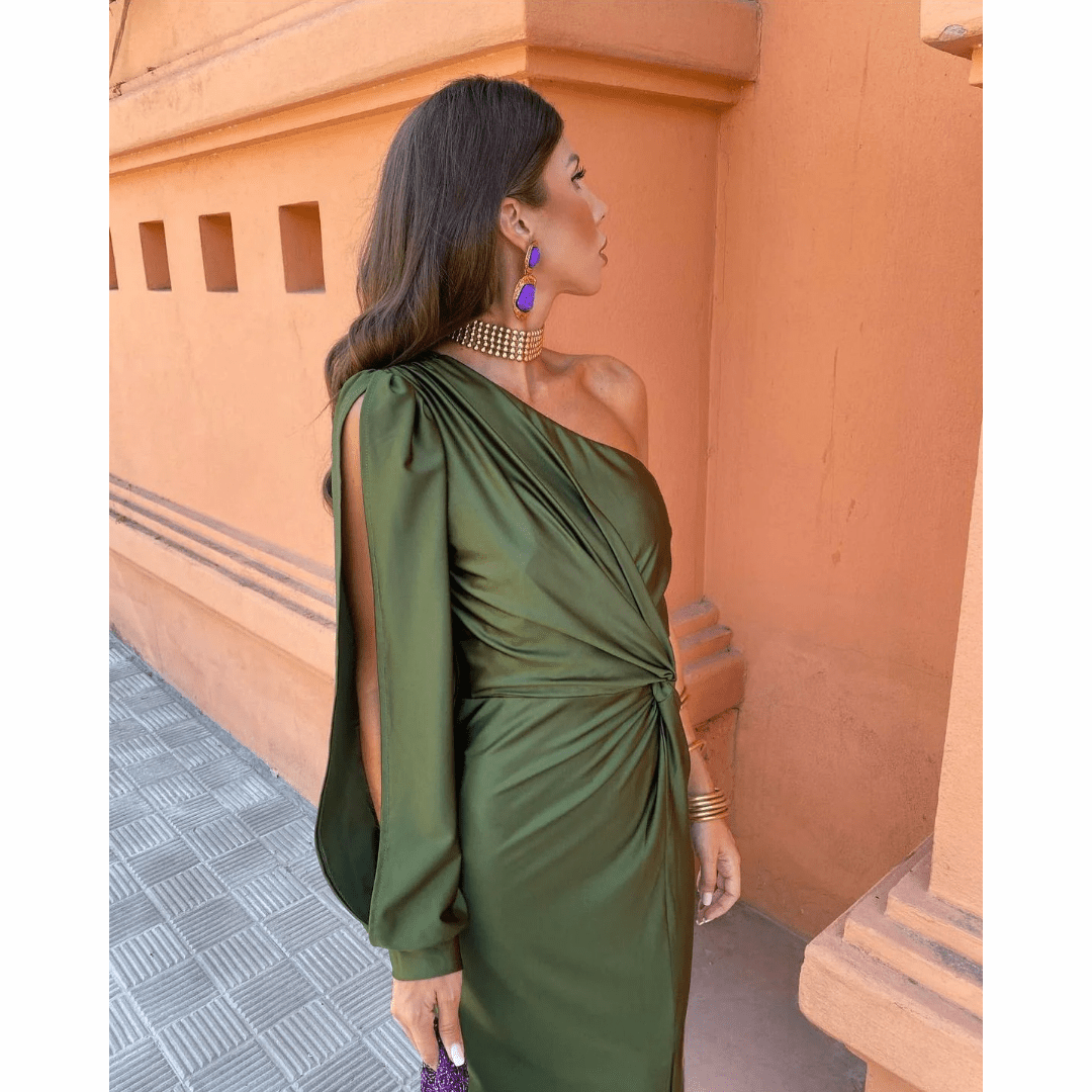 Romy one-shoulder satin maxi dress with split long sleeve and twist-knot waist - view 3