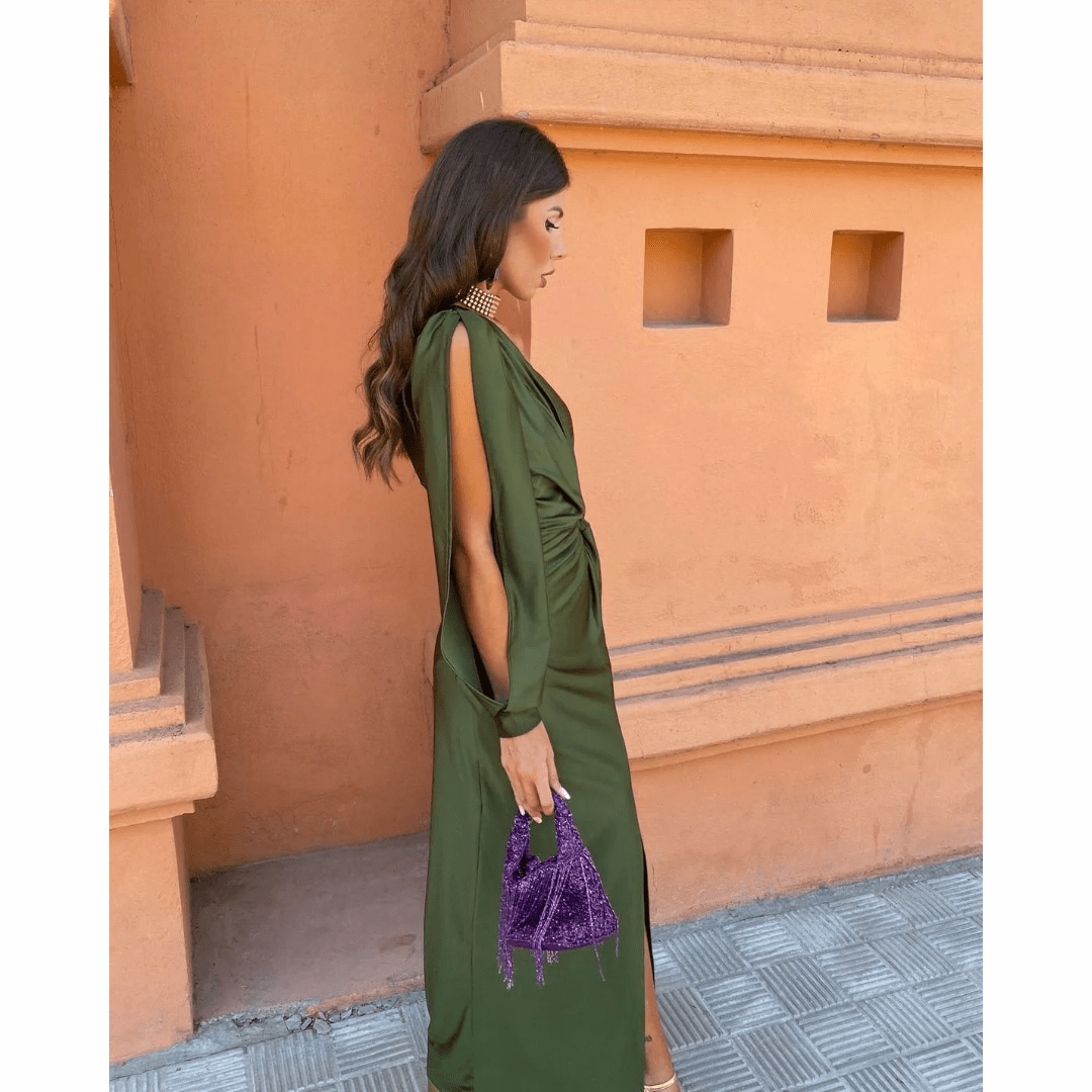 Romy one-shoulder satin maxi dress with split long sleeve and twist-knot waist - view 4