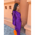 Romy one-shoulder satin maxi dress with split long sleeve and twist-knot waist - view 5
