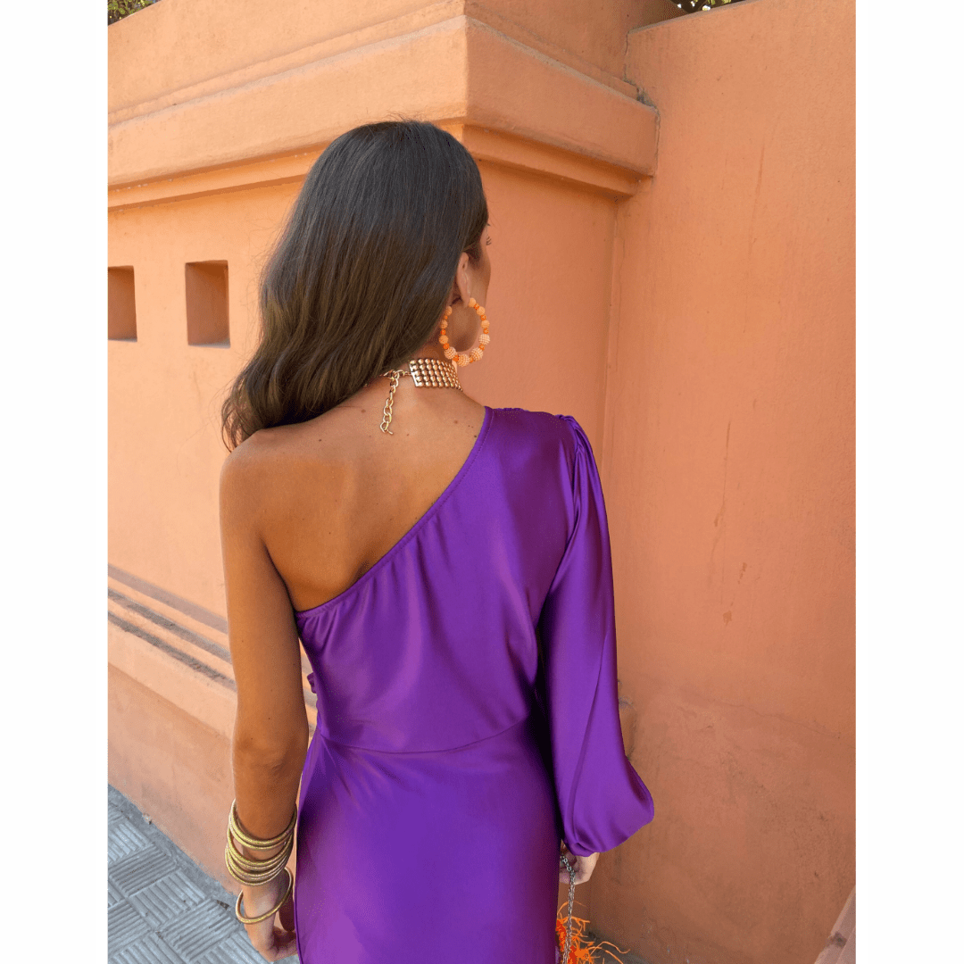 Romy one-shoulder satin maxi dress with split long sleeve and twist-knot waist - view 6