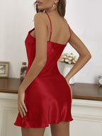 Satin cocktail mini dress with lace-look trim V-neck and crisscross open back - view 10