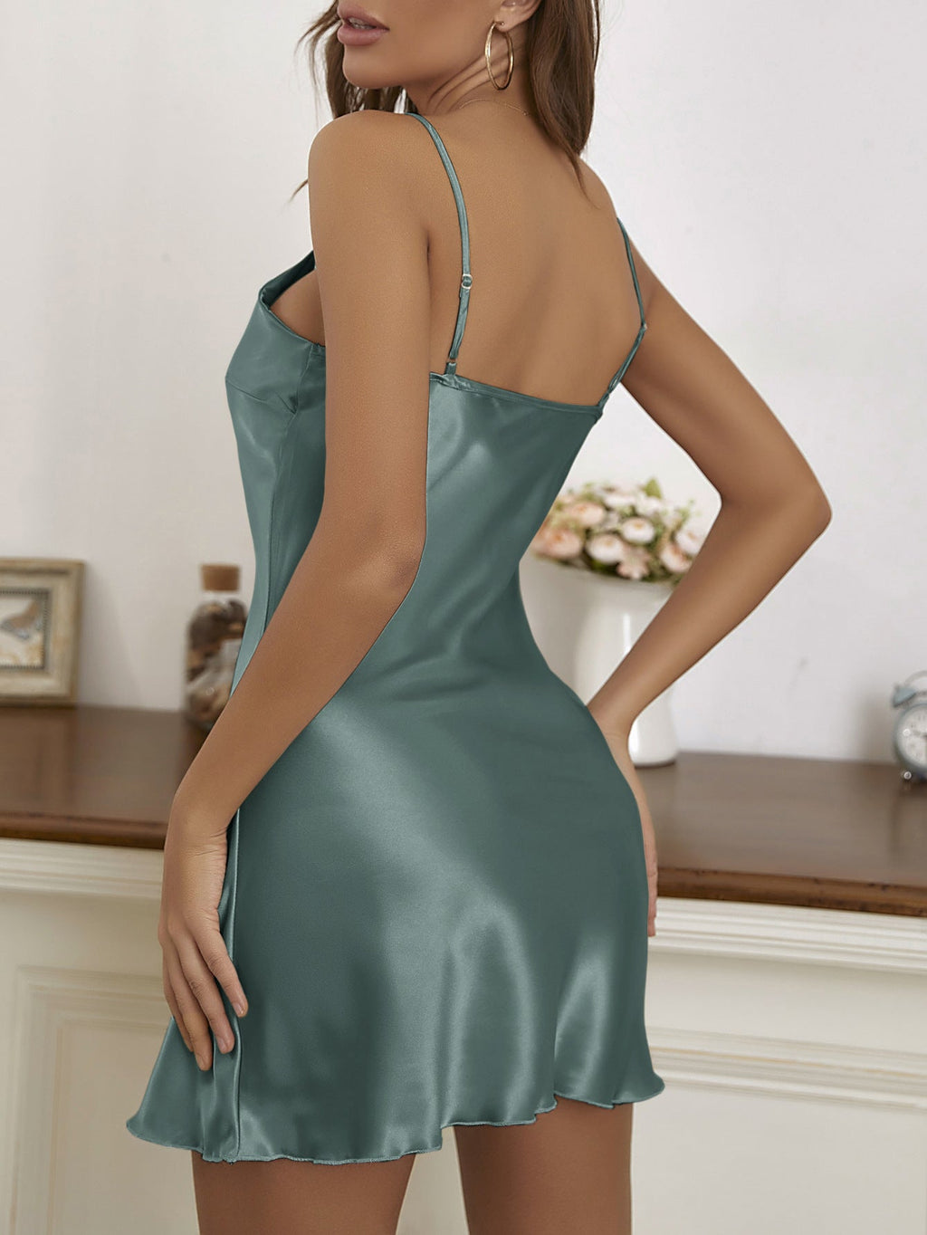 Satin cocktail mini dress with lace-look trim V-neck and crisscross open back - view 13