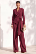 Two piece wedding guest outfit with wrap blazer and wide leg pants