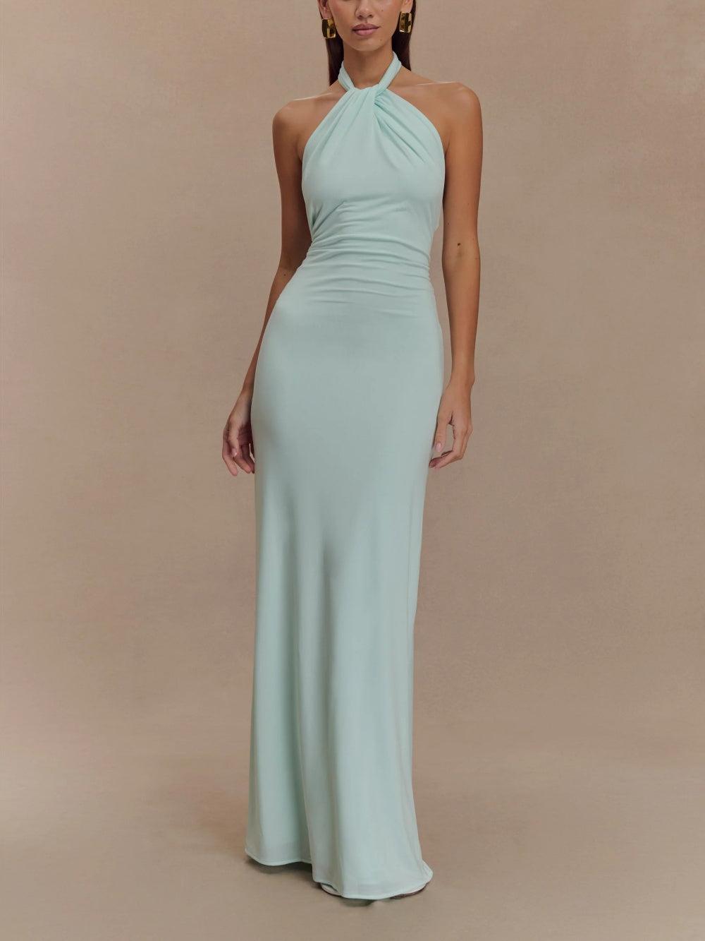 Halter maxi dress with twisted neckline, ruched waist and low open back