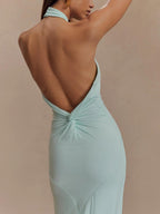 Halter maxi dress with twisted neckline, ruched waist and low open back - view 4