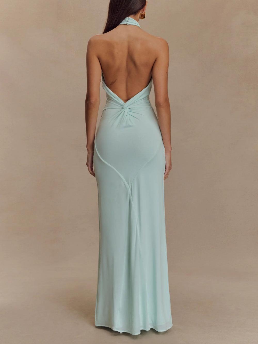 Halter maxi dress with twisted neckline, ruched waist and low open back - view 6