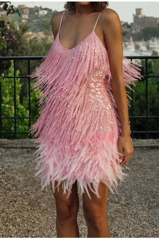 Roxie sequin fringe mini dress with feather trim hem and spaghetti straps
