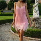 Roxie sequin fringe mini dress with feather trim hem and spaghetti straps - view 10