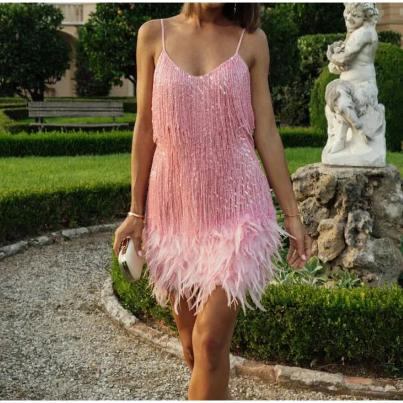 Roxie sequin fringe mini dress with feather trim hem and spaghetti straps - view 10