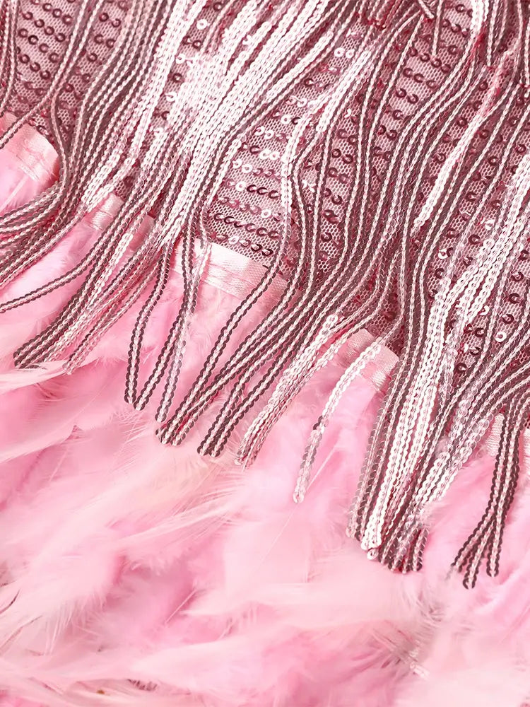 Roxie sequin fringe mini dress with feather trim hem and spaghetti straps - view 11