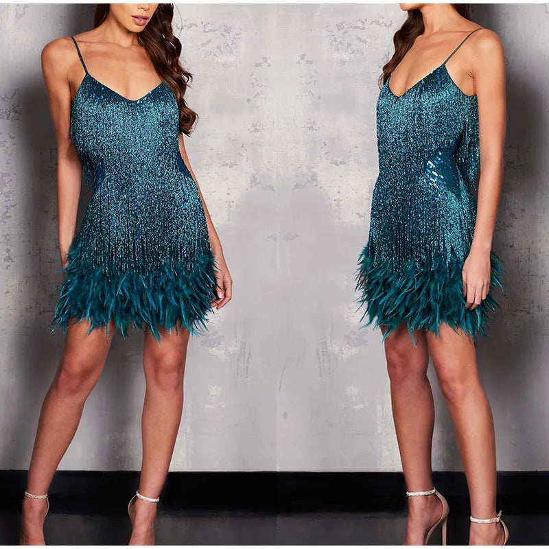Roxie sequin fringe mini dress with feather trim hem and spaghetti straps - view 15