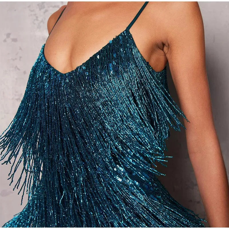 Roxie sequin fringe mini dress with feather trim hem and spaghetti straps - view 17