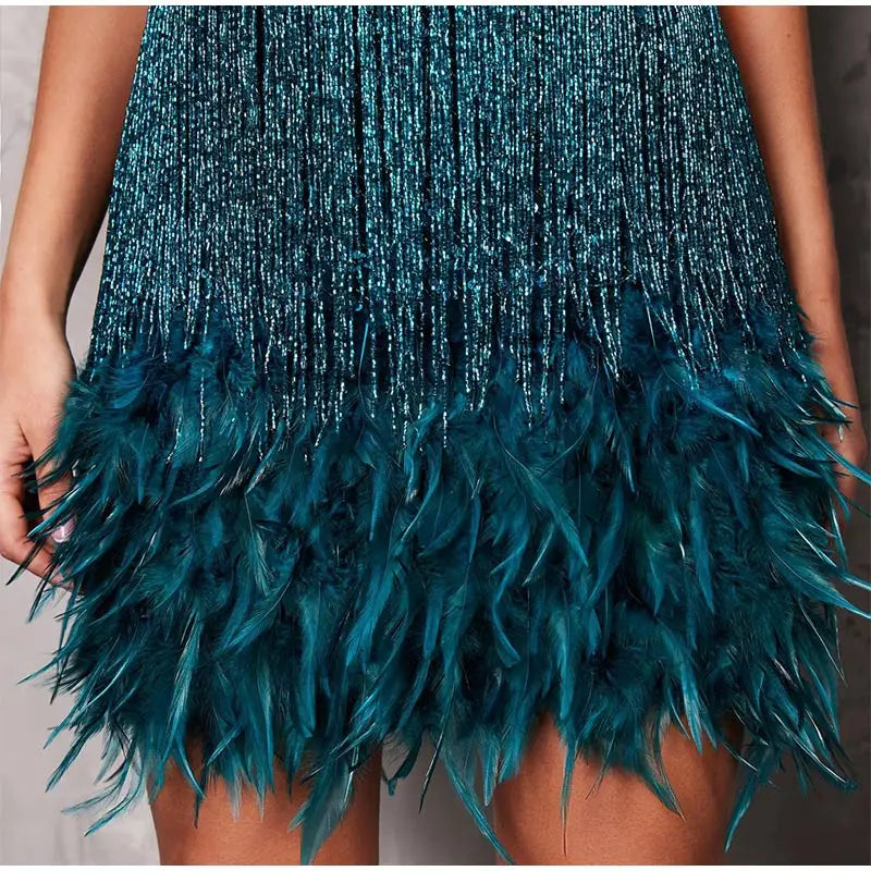 Roxie sequin fringe mini dress with feather trim hem and spaghetti straps - view 19