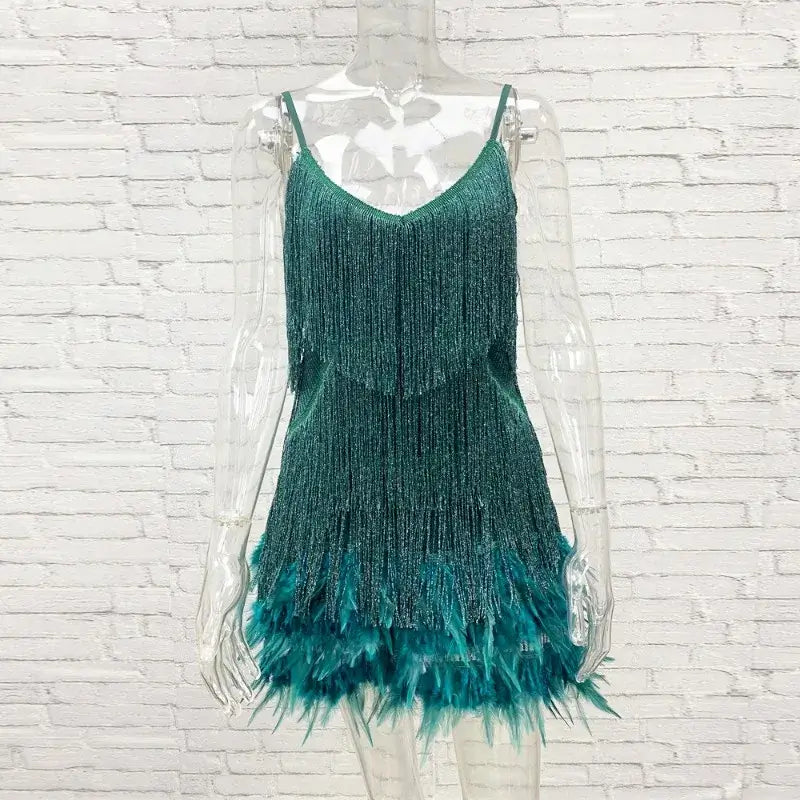Roxie sequin fringe mini dress with feather trim hem and spaghetti straps - view 20