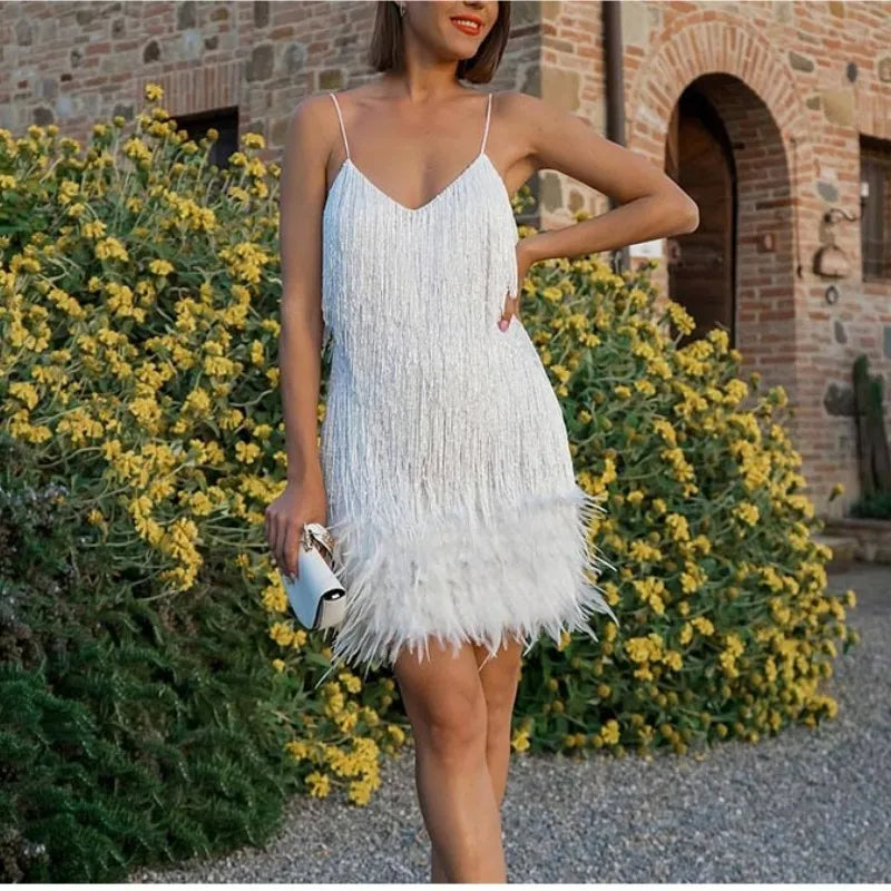 Roxie sequin fringe mini dress with feather trim hem and spaghetti straps - view 21