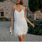 Roxie sequin fringe mini dress with feather trim hem and spaghetti straps - view 22