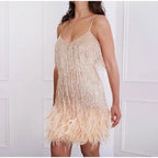 Roxie sequin fringe mini dress with feather trim hem and spaghetti straps - view 26