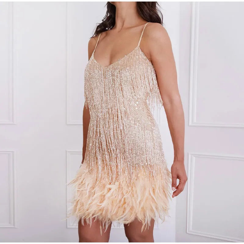 Roxie sequin fringe mini dress with feather trim hem and spaghetti straps - view 26