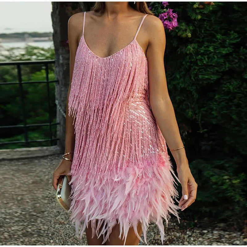 Roxie sequin fringe mini dress with feather trim hem and spaghetti straps - view 3