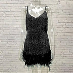 Roxie sequin fringe mini dress with feather trim hem and spaghetti straps - view 30